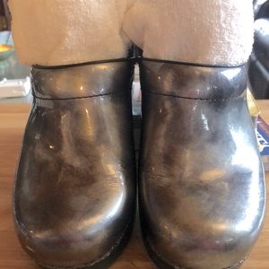 Silver grey metallic patent leather Dansko clogs